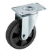 An Avantco swivel plate caster with a metal wheel and black rubber tire.