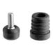 Two black rubber and metal screws with a black metal cylinder.