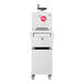 A white FLATTENER MEAT AUTO machine with red accents and a red button.
