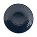 A close-up of a blue Elite Global Solutions Pebble Creek plate with a white rim.