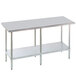 An Advance Tabco stainless steel work table with a galvanized steel shelf.