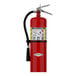 An Amerex red fire extinguisher with a black hose on a white background.