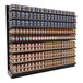 A Lozier wall pegboard gondola shelf with cans and jars of food.