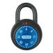 An ABUS combination padlock with a blue dial and black lock body.