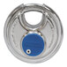A close up of a stainless steel ABUS padlock.