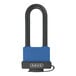 A close-up of an ABUS brass padlock with a blue weather-resistant cover and black accents.