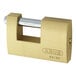 An ABUS brass padlock with the word "ABUS" on it.