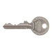A silver key with a metal circle in the middle.