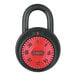 An ABUS combination padlock with a red dial and black body.