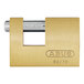 An ABUS brass padlock with the word "ABUS" on it.