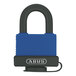 A close up of an ABUS brass padlock with a blue cover.