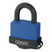 An ABUS brass padlock with a blue cover.