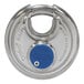 An ABUS stainless steel padlock with a blue button.