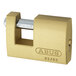 An ABUS brass padlock with the words "ABUS" on it.