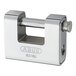A silver ABUS padlock with a steel jacket and round keyhole.