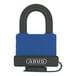 A blue and black ABUS padlock.