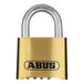 An ABUS brass combination padlock with a stainless steel shackle.