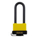 A black and yellow ABUS padlock with a brass key and yellow weather-resistant cover.