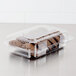 A Dart plastic container of cookies with a brown cookie on top.