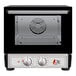 A black and silver Cooking Performance Group countertop convection oven with knobs.