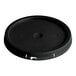 A BWAY black round pail cover with a tear skirt and gasket on a white background.