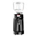 A Victoria Arduino black espresso grinder with a clear glass container.