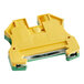 A yellow and green plastic Noble Warewashing ground terminal with two wires.