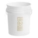 A white BWAY 5 gallon pail with a metal handle and a yellow label.