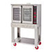 A commercial single-deck electric convection oven with a stainless steel body, glass doors, control knobs, and red caster wheels.