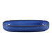 A close-up of a blue RAK Porcelain oval deep plate with a rim.
