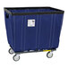 A blue vinyl basket truck with swivel casters.