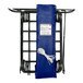 A blue R&B Wire laundry cart with a white bag and swivel casters.