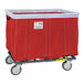 A red vinyl laundry cart with swivel casters.