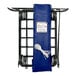 A blue vinyl basket on a black metal frame with swivel casters and a white rope.
