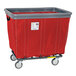 A red and grey R&B Wire laundry cart with swivel casters.