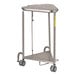 A stainless steel triangular hamper on wheels with a lid.