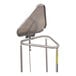 A stainless steel triangular hamper with a lid.