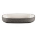 A gray oval porcelain bowl with a white rim.