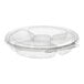 A clear Inline Plastics Safe-T-Fresh plastic round platter with five compartments and a lid.