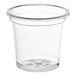 A World Centric clear compostable portion cup with a clear rim.