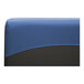 A close-up of the dark blue leather seat and back of a QA Group restaurant booth.