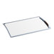 A white board with a gray handle.