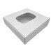 A white square candy box with an oval window.