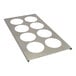 A stainless steel tray with 8 holes in it.
