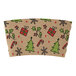 A brown paper coffee cup sleeve with green and red Christmas designs including a green tree with black outline and candy canes.