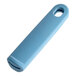 A blue silicone handle sleeve with a hole.