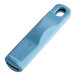 A blue silicone pan handle sleeve with a hole.