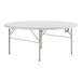 A Lancaster Table & Seating white round folding table with metal legs.
