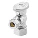 A chrome plated Oatey angle water stop valve with a brass handle.
