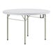 A Lancaster Table & Seating white round folding table with metal legs.